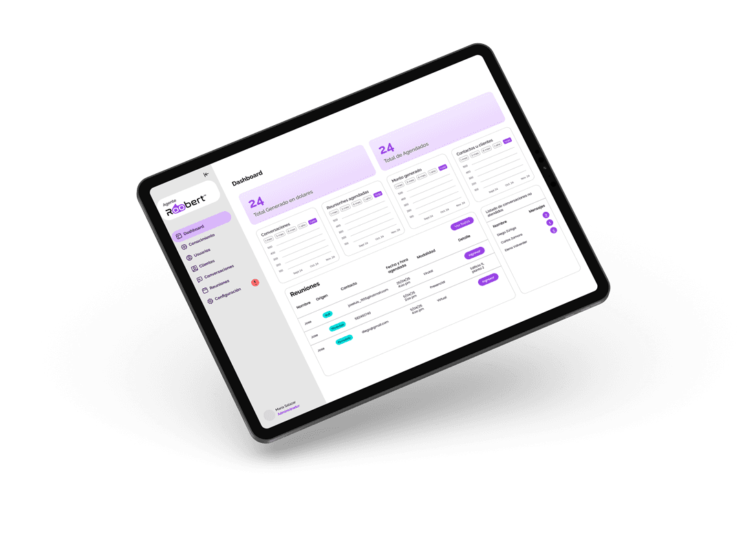 iPad mostrando la interfaz del asistente virtual Roobert con dashboard de gestión